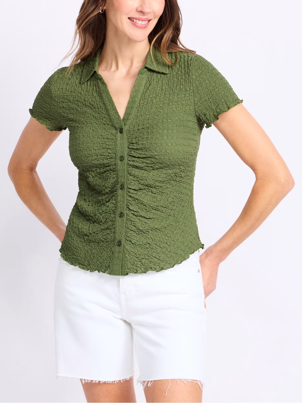 Sanctuary Olive Green Textured Smocked Ruched Button Front Shirt Top Size M